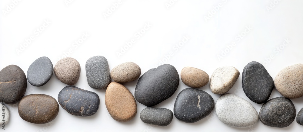 Smooth pebbles in various earth tones arranged in a line on a clean white background showcasing natural textures and colors. Smooth pebbles in various earth tones arranged in a line on a clean white background showcasing natural textures and colors.