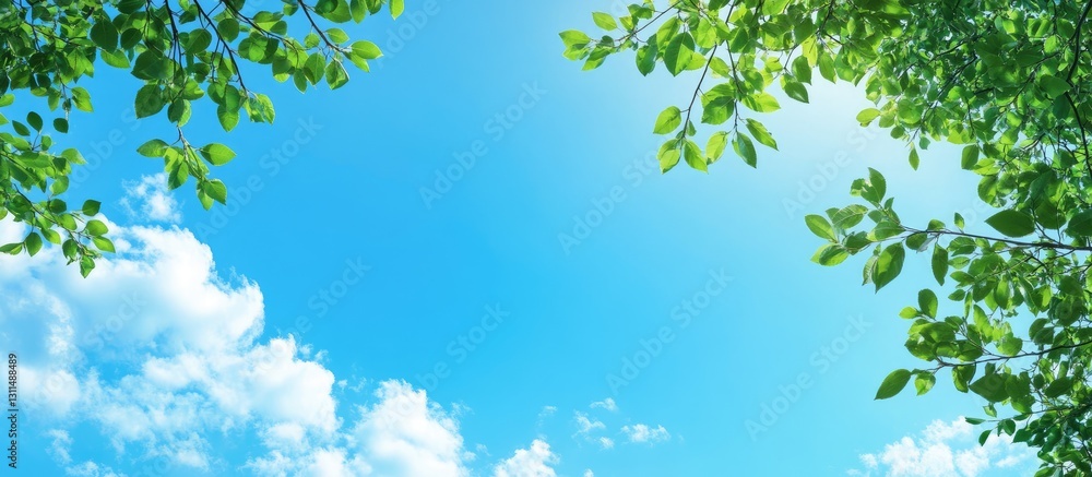 Vibrant blue sky with fluffy white clouds and lush green tree leaves framing the top corners creating a serene natural backdrop for designs. Vibrant blue sky with fluffy white clouds and lush green tree leaves framing the top corners creating a serene natural backdrop for designs.
