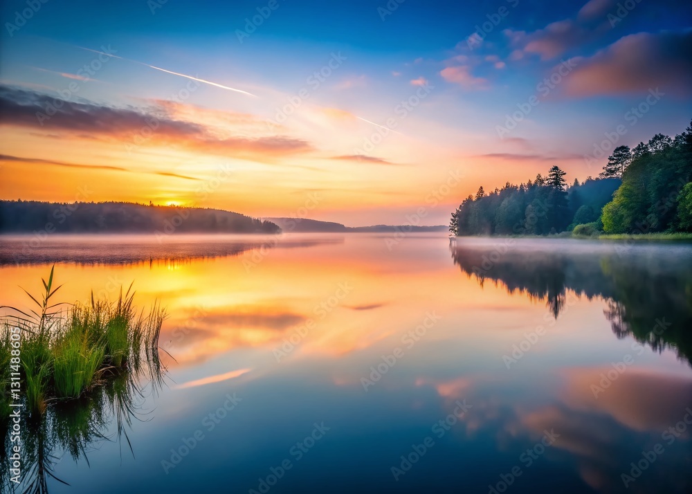 Fototapeta premium Serene Lakeside Long Exposure: Peaceful Dawn at Still Water