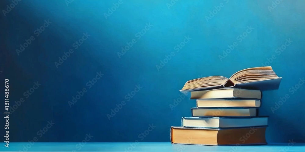 An artistic display of literature surrounded by a bold blue background. An artistic display of literature surrounded by a bold blue background.