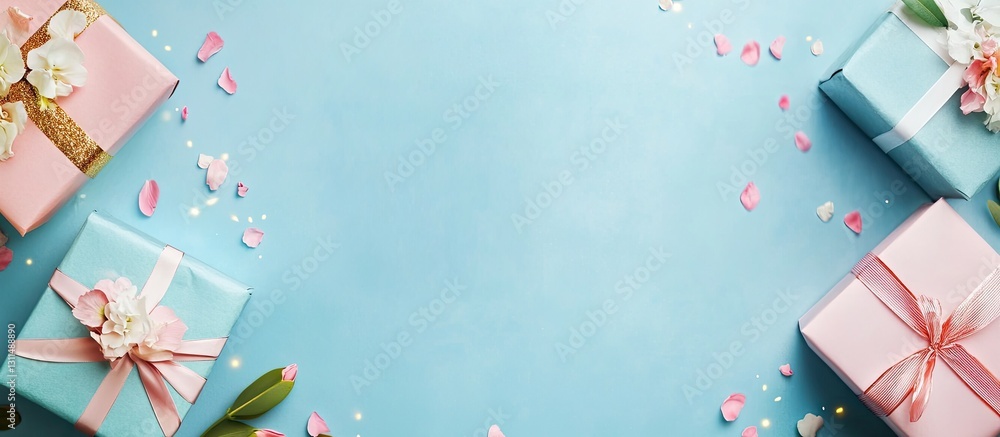 Obraz premium Father's Day background with pastel blue center, arranged wrapped gifts in pink and turquoise, adorned with floral petals and greenery accents.