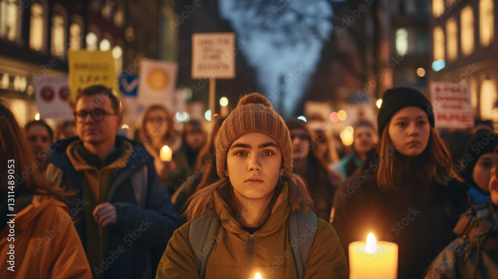 Obraz premium Young people at a peace rally holding a candle, surrounded by protesters.