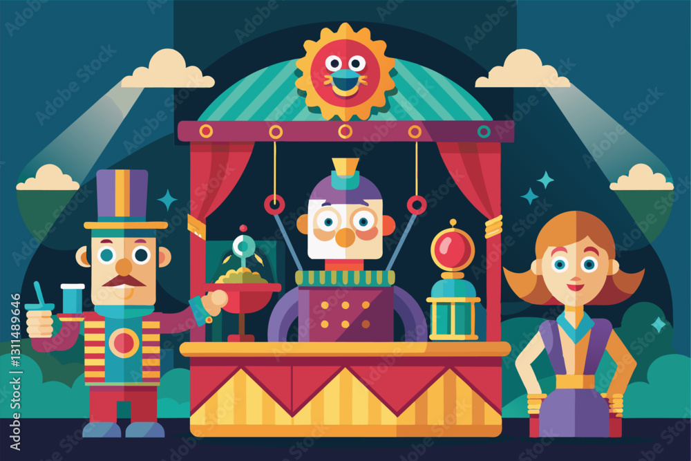 Naklejka premium A lively puppet show area displays whimsical characters ready for an entertaining performance, Puppet show Customizable Flat Illustration