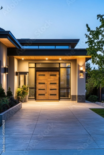 Wallpaper Mural Elegant modern entrance to a luxury home featuring a large wooden door, stylish lighting, and well-manicured landscaping during twilight hours Torontodigital.ca