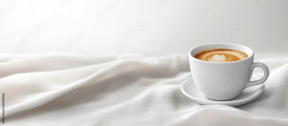 Obraz premium Cup of coffee on white saucer placed on light gray textured fabric with a gentle latte art design against a serene backdrop.