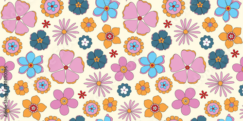 70s retro groovy floral seamless pattern. Flower power. Spring and summer meadow. Retro revival vibes. Background, digital paper, wallpaper. Vintage. Vector.