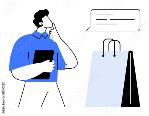 Man holding tablet thinking near shopping bag and speech bubble representing decision-making, e-commerce, retail, customer behavior, shopping plan, product selection, flat simple metaphor