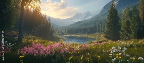 Scenic mountain landscape featuring lush green forests and colorful wildflowers in a vibrant meadow under a serene blue sky with soft sunlight.