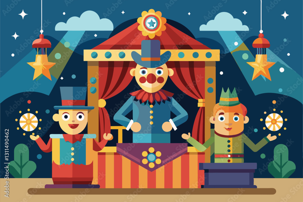 Naklejka premium A vibrant puppet show set with three performers and captivating decorations, ready for an entertaining evening, Puppet show Customizable Flat Illustration