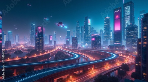 A Futuristic Metropolis At Night, Glowing With Vibrant Neon Lights And Sleek, Elevated Roadways, Showcasing Flying Vehicles In A Breathtaking, Stylized Cityscape