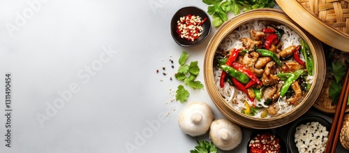 Wallpaper Mural Diverse Asian food ingredients with a bamboo steamer and colorful vegetables arranged on a light surface, featuring bowls of spices and herbs. Torontodigital.ca