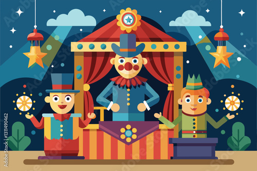 A vibrant puppet show set with three performers and captivating decorations, ready for an entertaining evening, Puppet show Customizable Flat Illustration