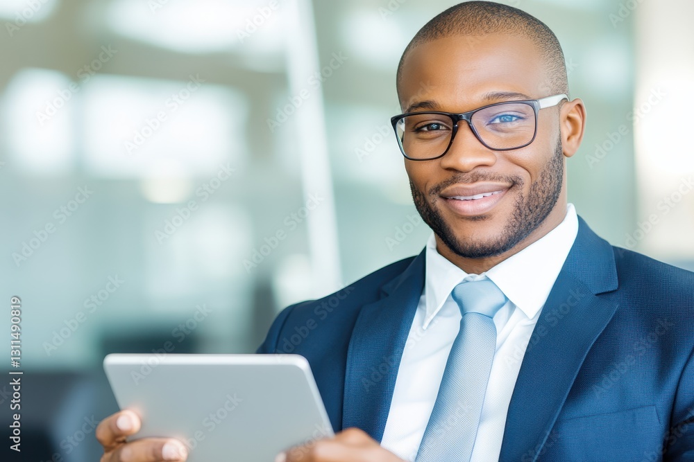 Confident Businessman Holding Tablet In Office Suit Confident Businessman Holding Tablet In Office Suit
