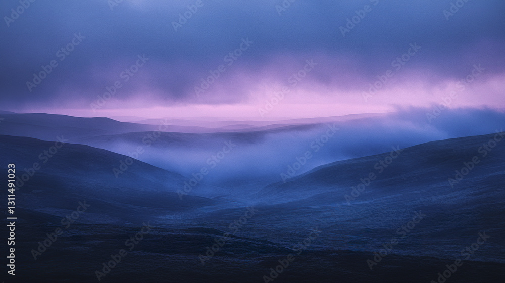 Twilight mist drifts over desolate moorland under purple sky Twilight mist drifts over desolate moorland under purple sky