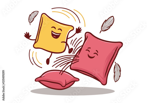 International Pillow Fight Day Vector Illustration | Fun Pillow Battle, T-Shirt Design, Poster, Sticker, Social Media Post, Print Card, Animated GIF | Solid Colors, No Gradients