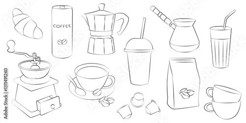 A set for coffee in a linear style. Coffee grinder, carafe, iced coffee, coffee maker, cups, capsules, coffee bag.