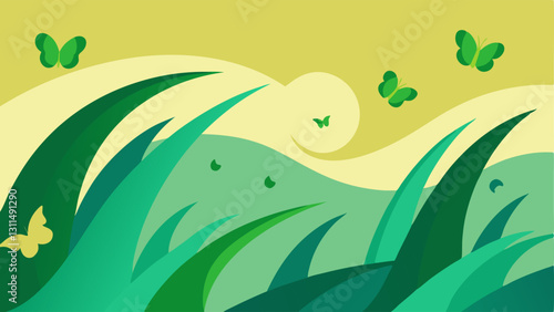 Tidal Grass This illustration depicts a dynamic ocean of grass with waves cascading and forming crests like traditional ocean water. The grass is varied in shades of green from