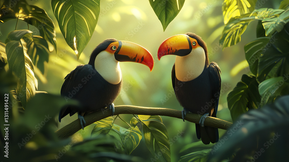 Fototapeta premium Two vibrant toucans perched on vine in lush jungle setting