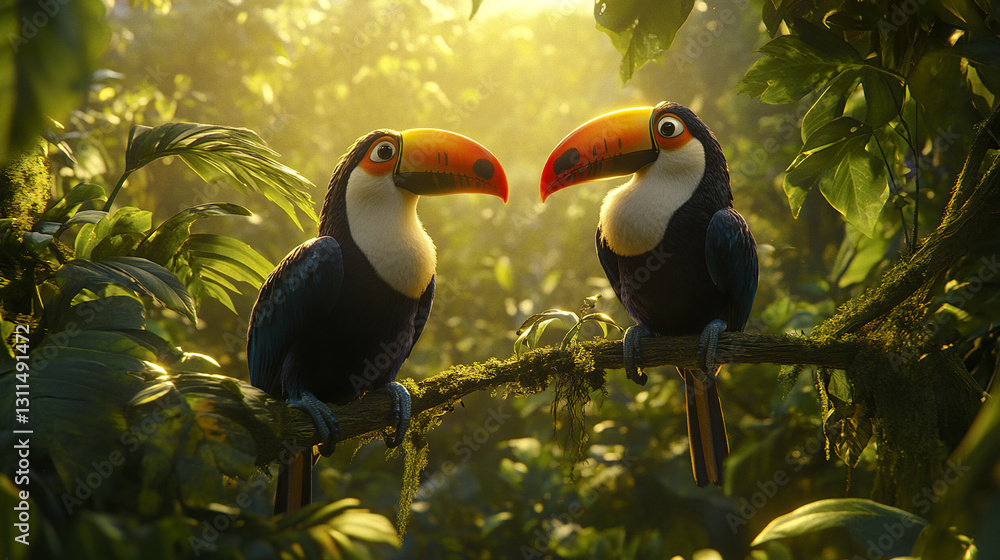 Fototapeta premium Two vibrant toucans perched on vine in lush jungle setting