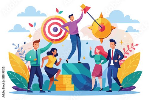 A diverse group of characters celebrates reaching their goals in an outdoor setting filled with nature, Purposeful characters set goals, challenges and strive for victory,