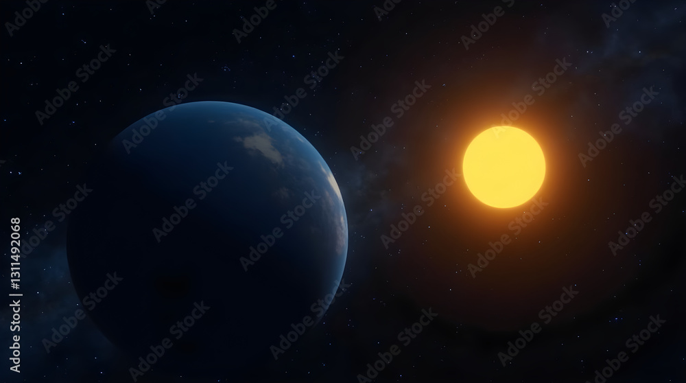 Vibrant Blue Planet Yellow Glowing Sun in Outer Space - Realistic Digital Art Universe View - Space Exploration Astronomy Stock Photo Wallpaper Vibrant Blue Planet Yellow Glowing Sun in Outer Space - Realistic Digital Art Universe View - Space Exploration Astronomy Stock Photo Wallpaper