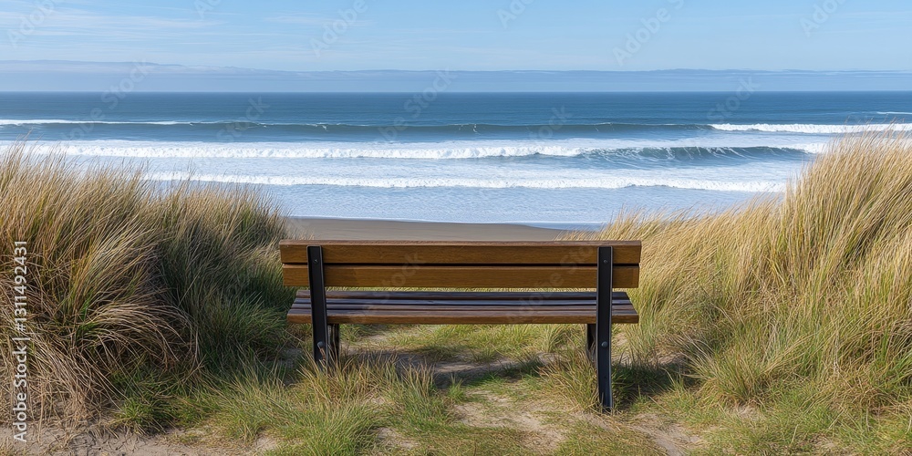 Inviting Bench Overlooks Tranquil Shoreline, Sandy Dunes, Relaxing Ocean View, Peaceful Spot Inviting Bench Overlooks Tranquil Shoreline, Sandy Dunes, Relaxing Ocean View, Peaceful Spot