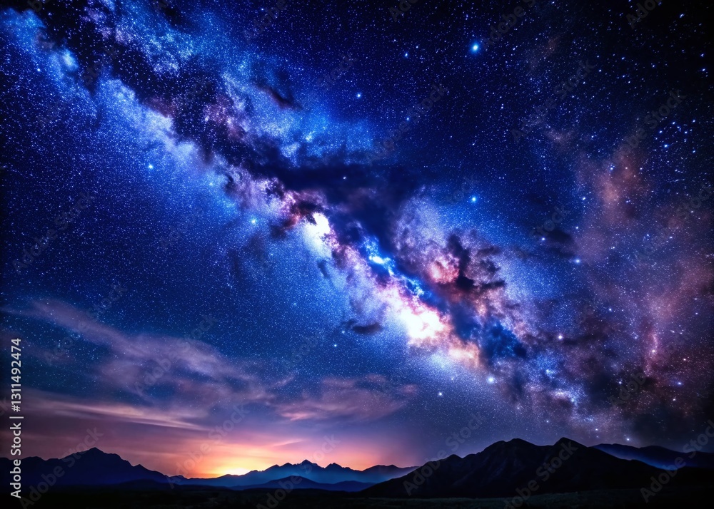 Fototapeta premium Serene Night Sky: Milky Way Galaxy Over Dark Blue Starry Atmosphere