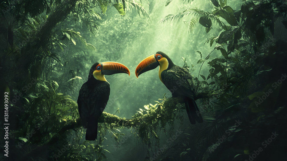Fototapeta premium Two toucans resting on branch in lush jungle scene