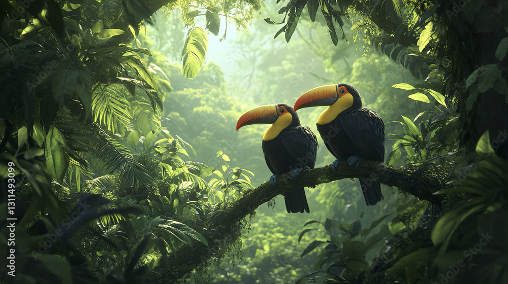 Fototapeta premium Two toucans resting on branch in lush jungle setting