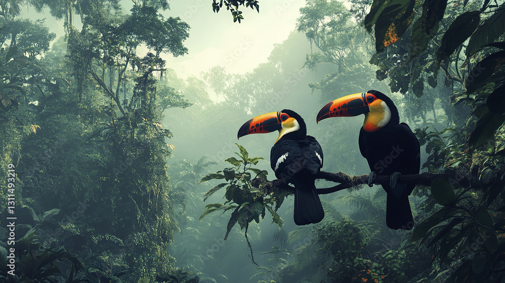 Fototapeta premium Two toucans perched in lush jungle setting, surrounded by dense foliage