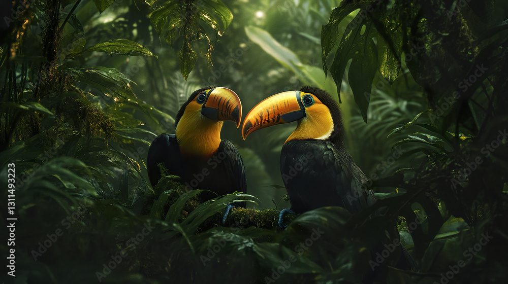 Fototapeta premium Two toucans resting in lush jungle scene, surrounded by vibrant foliage