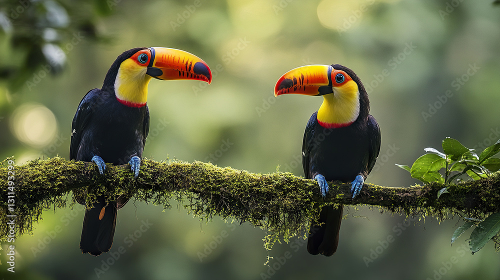 Fototapeta premium Two vibrant toucans perched on mossy branch in lush forest