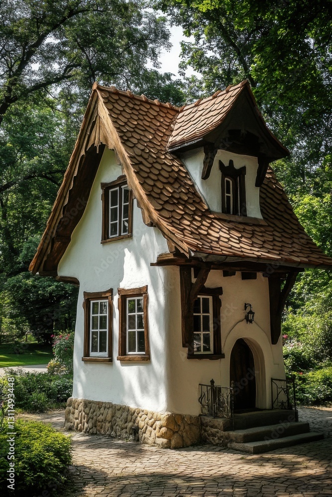 This delightful little house features captivating architecture, nestled in a vibrant green forest, completely surrounded by tall, majestic trees during the daylight hours This delightful little house features captivating architecture, nestled in a vibrant green forest, completely surrounded by tall, majestic trees during the daylight hours