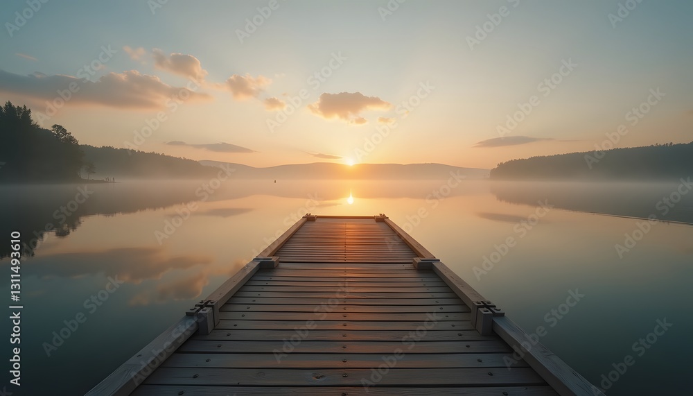 A wooden dock stretching into a tranquil lake at sunrise, with soft golden light reflecting on the water A wooden dock stretching into a tranquil lake at sunrise, with soft golden light reflecting on the water