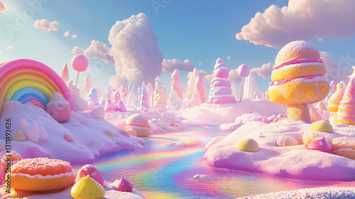  vibrant and whimsical render of a sugary candy land landscape, candy, sweets, rainbow, fantasy, colors, dessert, sugar. 