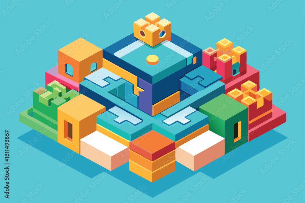 A colorful isometric puzzle design displays various shapes and interactive elements for customization, Puzzle Customizable Isometric Illustration A colorful isometric puzzle design displays various shapes and interactive elements for customization, Puzzle Customizable Isometric Illustration