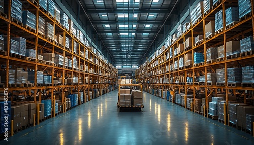 Wallpaper Mural Extensive Warehouse Interior with Rows of Metal Shelving and a Cart Torontodigital.ca