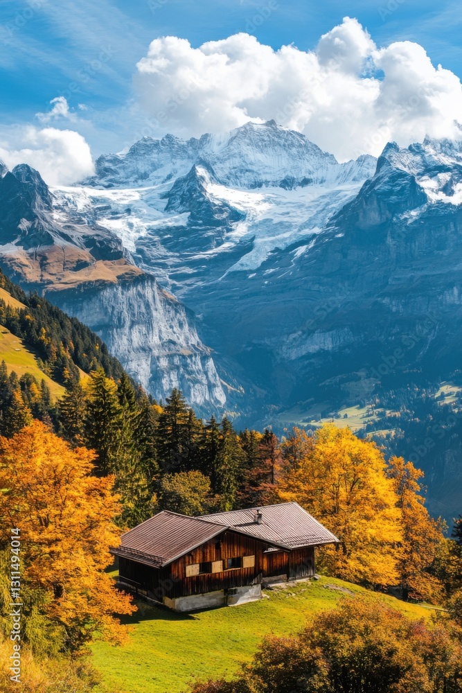 Fototapeta premium Stunning mountain landscape with an alpine chalet surrounded by vibrant autumn colors and towering snow-capped peaks in the foreground of a bright blue sky