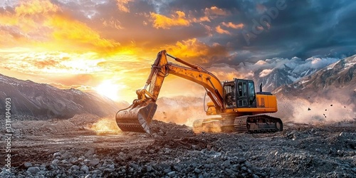 Wallpaper Mural The vibrant hue of sunset contrasts with a yellow excavator on rocky land. Torontodigital.ca