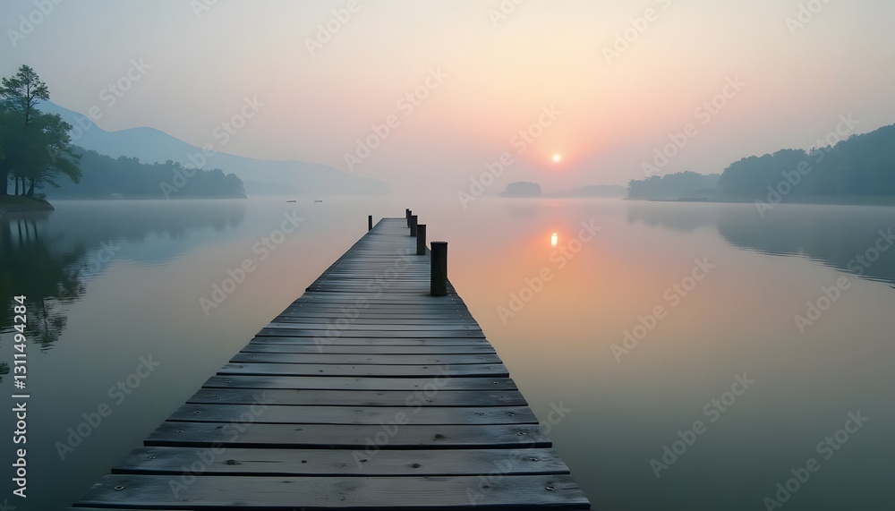Fototapeta premium A wooden dock stretching into a tranquil lake at sunrise, with soft golden light reflecting on the water