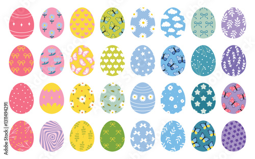 Easter eggs with floral patterns. Drawing clipart set. Happy easter eggs, color meadow flowers. Multicolored symbols for traditional celebration. Vector illustration, oval shape elements. Decoration
