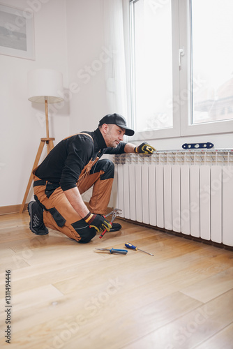 Obraz na płótnie Central heating mechanic and handyman fixing home radiator, gas crisis and seasonal issues. w salonie