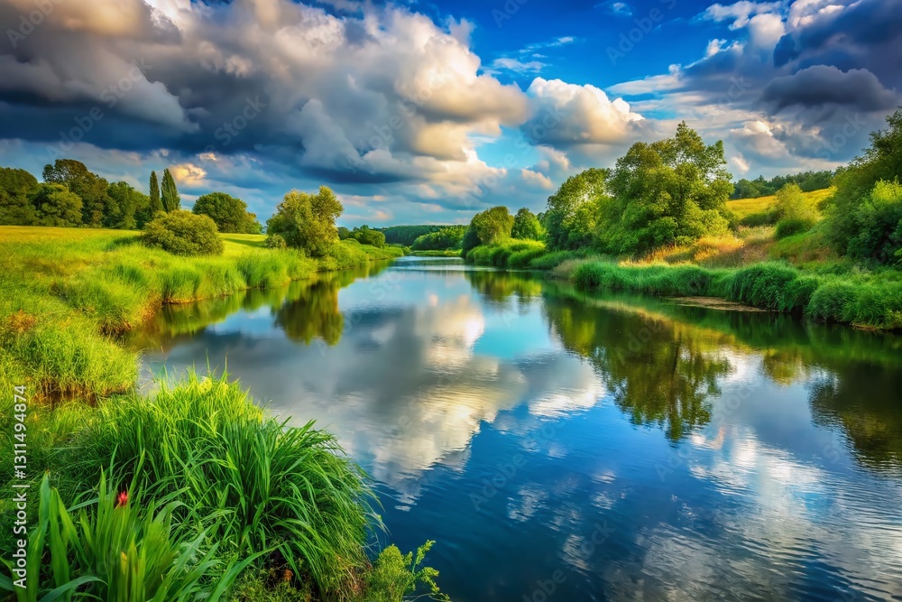 Fototapeta premium Serene River View: Candid Shot of Calm Water and Lush Banks