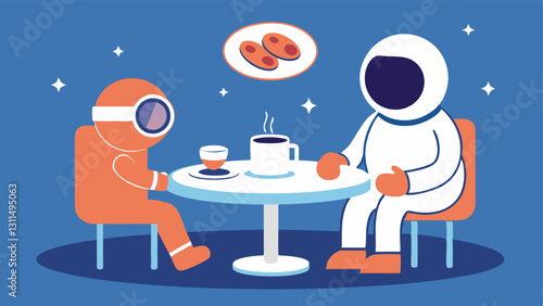 Waiting for Coffee The astronaut sits at a round café table looking around the shop with a curious expression. Coffee cups and pastries are tered on the table and a quirky clock on