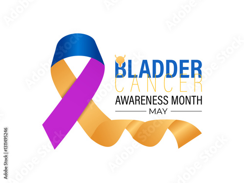 Bladder Cancer Awareness Month is observed every year in May to raise awareness about bladder cancer. Yellow, purple and blue mixed colour cancer awareness Realistic ribbon. Banner design template.