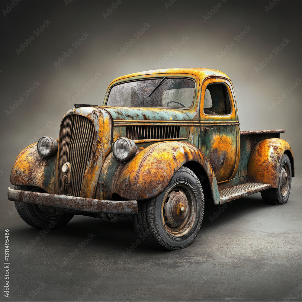 Fototapeta premium Rusty Old Pickup Truck on Display Vintage, Weathered, Classic, in Studio Setting