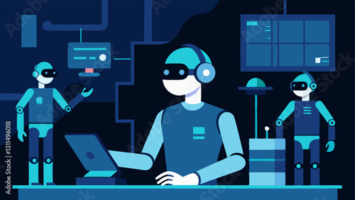 Virtual Reality Training A scene where robots are being programmed and trained in a VR environment with technicians monitoring their development.