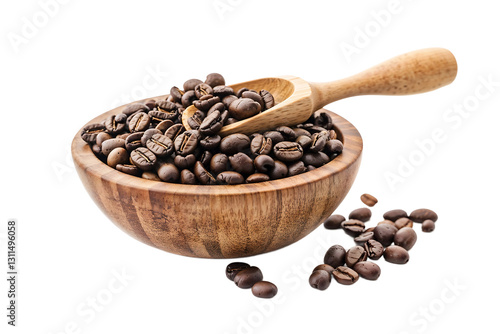 Roasted coffee beans in rustic wooden bowl with wooden scoop on transparent background. Some beans scattered around creating natural composition photo