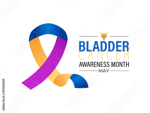 Bladder Cancer Awareness Month is observed every year in May to raise awareness about bladder cancer. Yellow, purple and blue mixed colour cancer awareness Realistic ribbon. Banner design template.