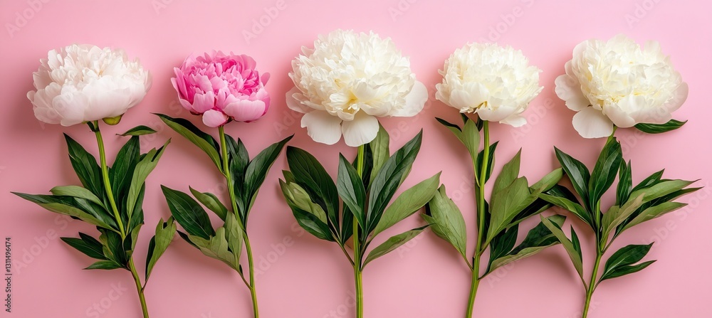Obraz premium Five Elegant Peonies Arranged on a Soft Pink Background, Template for Feminine and Romantic Design